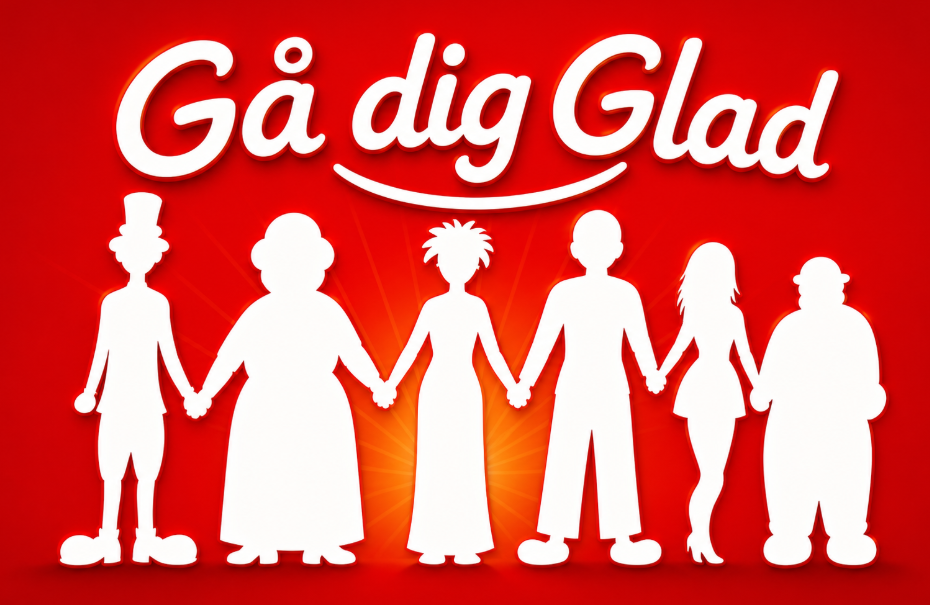 Seks hvide mennesker i silhuet på rød baggrund. Oven for menneskene en hvid tekst: Gå dig glad.